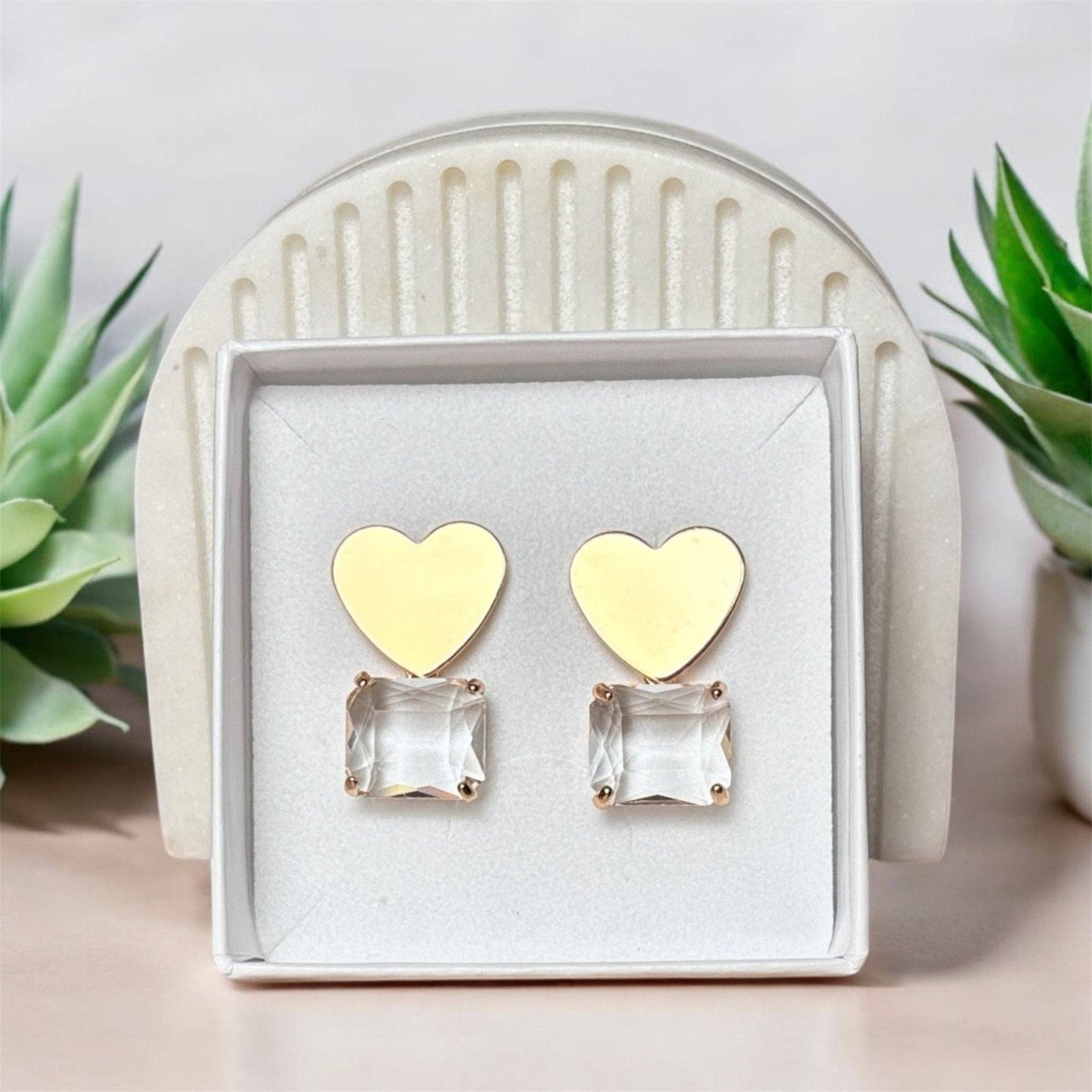 LOVELLE - Gold heart earrings and glass