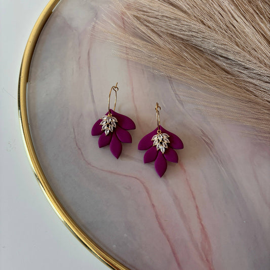 Dalia Velvet Leaf Earrings with Zircons and Hoop: Fuchsia