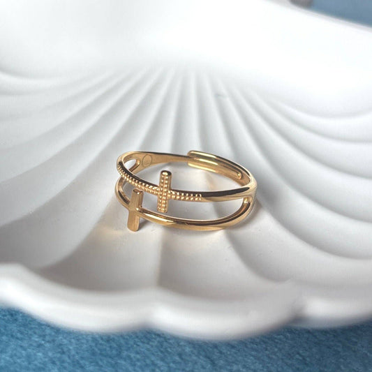 Cross Duo - Gold Plated Steel Cross Ring Waterproof