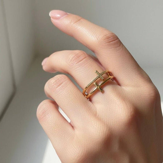 Cross Duo - Gold Plated Steel Cross Ring Waterproof